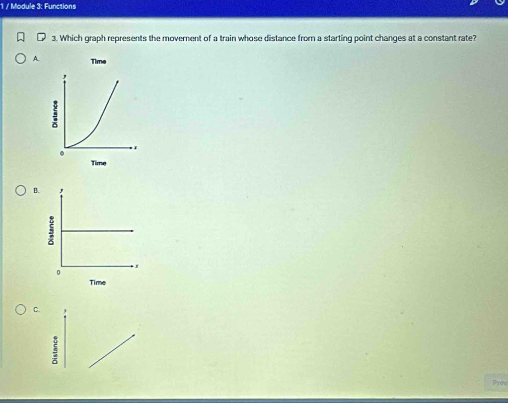 Module 3: Functions 
3. Which graph represents the movement of a train whose distance from a starting point changes at a constant rate? 
A 
B. 
C. 
Prev