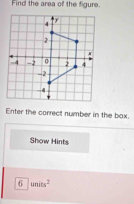 Find the area of the figure. 
Enter the correct number in the box. 
Show Hints
6units^2