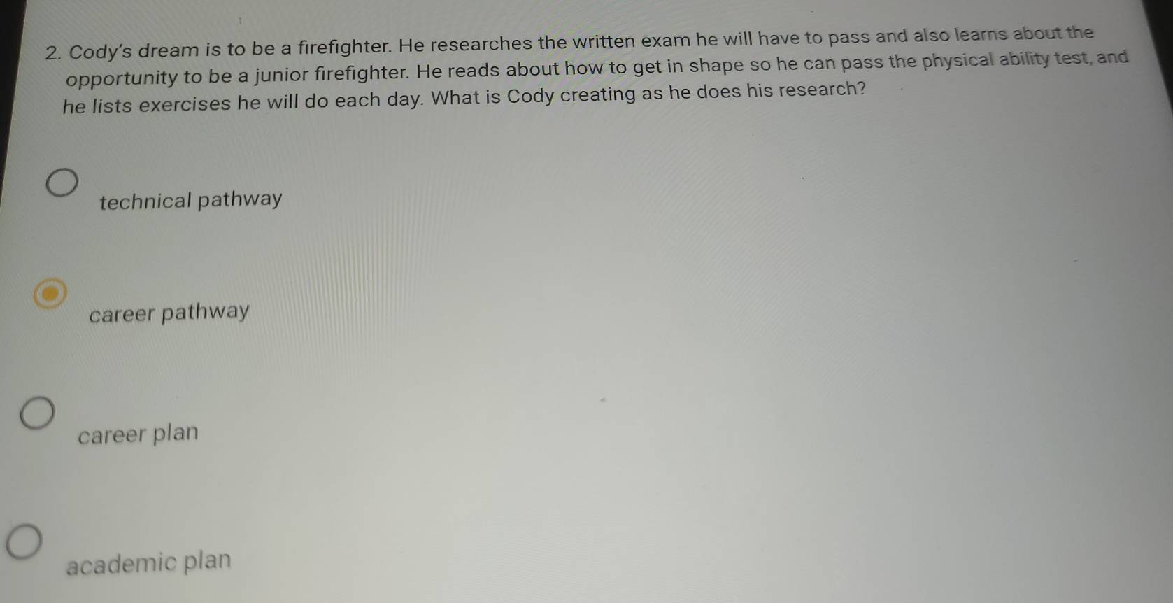 Cody's dream is to be a firefighter. He researches the written exam he will have to pass and also learns about the
opportunity to be a junior firefighter. He reads about how to get in shape so he can pass the physical ability test, and
he lists exercises he will do each day. What is Cody creating as he does his research?
technical pathway
career pathway
career plan
academic plan