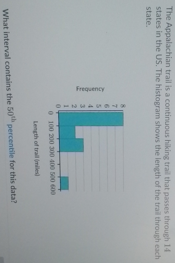The Appalachian trail is a continuous hiking trail that passes through 14
states in the US. The histogram shows the length of the trail through each 
state.
8
7
6
5
4
3
2
1
0
0 100 200 300 400 500 600
Length of trail (miles) 
What interval contains the 50^(th) percentile for this data?