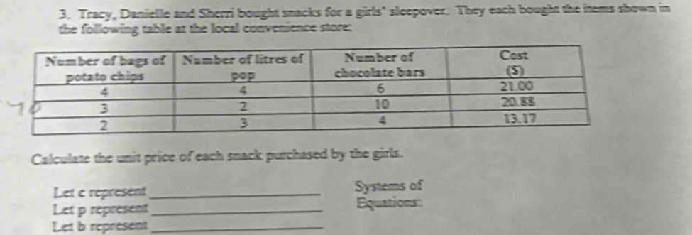 Tracy, Danielle and Sherri bought snacks for a girls' sleepover. They each bought the items shown in 
the following table at the local convenience store: 
Calculate the unit price of each snack purchased by the girls. 
Let e represent _Systems of 
Let p represent_ Equations 
Let b represent_