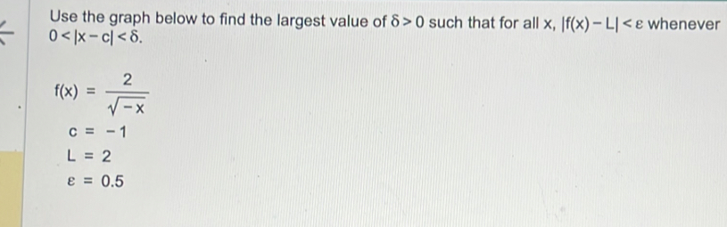 Use the graph below to find the largest value of delta >0 such that for all x, |f(x)-L| whenever
0 .
f(x)= 2/sqrt(-x) 
c=-1
L=2
varepsilon =0.5