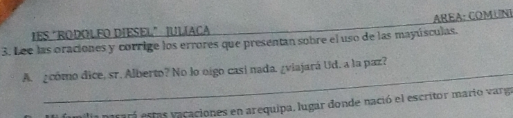 AREA: COMUNI 
IES “RODOLFO DIESEL” JULÍACA 
3. Lee las oraciones y corrige los errores que presentan sobre el uso de las mayúsculas. 
_ 
A g cómo dice, sr. Alberto? No lo oigo casí nada. ¿viajará Ud. a la paz? 
a nacaró estas vacaciones en arequipa, lugar donde nació el escritor mario varga