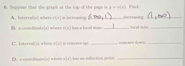 Suppose that the graph at the top of the page is y=v(x). Find: 
A. Interval(s) where v(x) is increasing: _decreasing:_ 
B. x-coordinate(s) where v(x) has a local max: _local min:_ 
C. Interv al(s) where v(x) is concave up: _concave down:_ 
D. x-coordinate(s) where v(x) has an inflection point:_