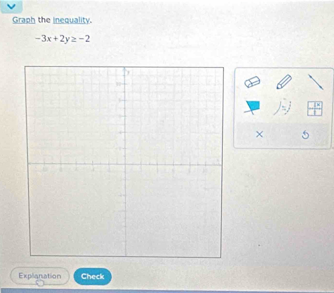 Graph the inequality.
-3x+2y≥ -2
× 5
Explanation Check