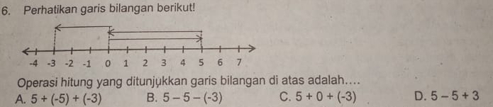 Perhatikan garis bilangan berikut!
Operasi hitung yang ditunjukkan garis bilangan di atas adalah....
A. 5+(-5)+(-3) B. 5-5-(-3) C. 5+0+(-3) D. 5-5+3