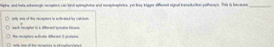 Alpha, and beta-adrenergic receptors can bind epinephrine and norepinephrine, yet they triggor different signal transduction pathways. This is because_
only one of the receptors is activated by calclum
each receptor is a different tyrosino Ainaso
the receptora activata dillerent G proteina