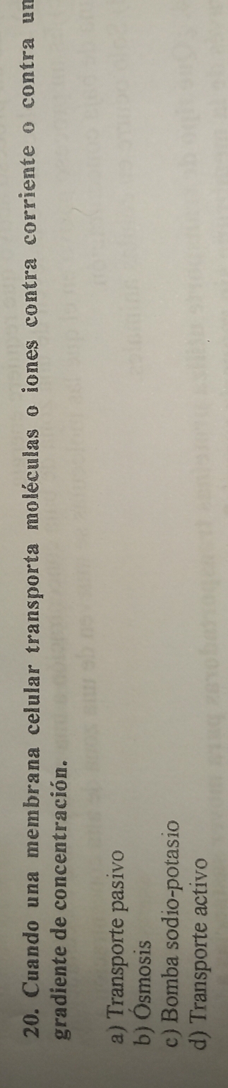 Cuando una membrana celular transporta moléculas o iones contra corriente o contra um
gradiente de concentración.
a) Transporte pasivo
b) Ósmosis
c) Bomba sodio-potasio
d) Transporte activo