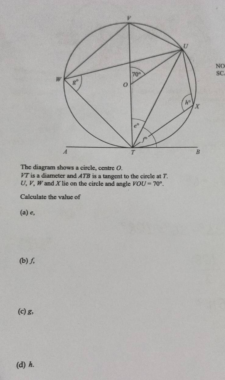 NO
SC
The diagram shows a circle, centre O.
VT is a diameter and ATB is a tangent to the circle at T.
U, V, W and X lie on the circle and angle VOU=70°.
Calculate the value of
(a) e,
(b) f,
(c) g,
(d) h.