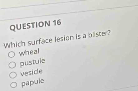 Which surface lesion is a blister?
wheal
pustule
vesicle
papule