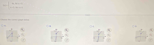 f(x)=beginarrayl 4x,forx<0 x+5,forx≥ 0endarray.
Choose the correct graph below 
A. 
B. 
c. 
D. 

1 
12 
. 
u