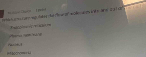 Which structure regulates the flow of molecules into and out of the cell
Endoplasmic reticulum
Plasma membrane
Nucleus
Mitochondria