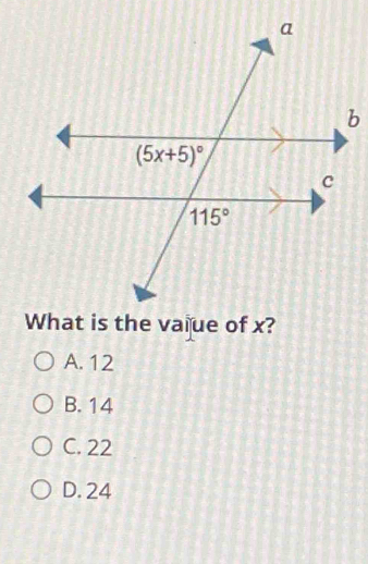 What is the vaiue of x?
A. 12
B. 14
C. 22
D. 24