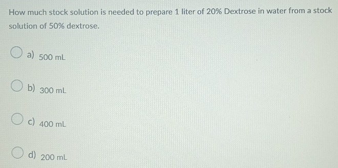 Solved: How much stock solution is needed to prepare 1 liter of 20% ...