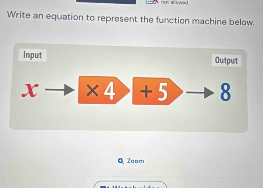 not allowed 
Write an equation to represent the function machine below. 
Input 
Output
X x D 
Zoom