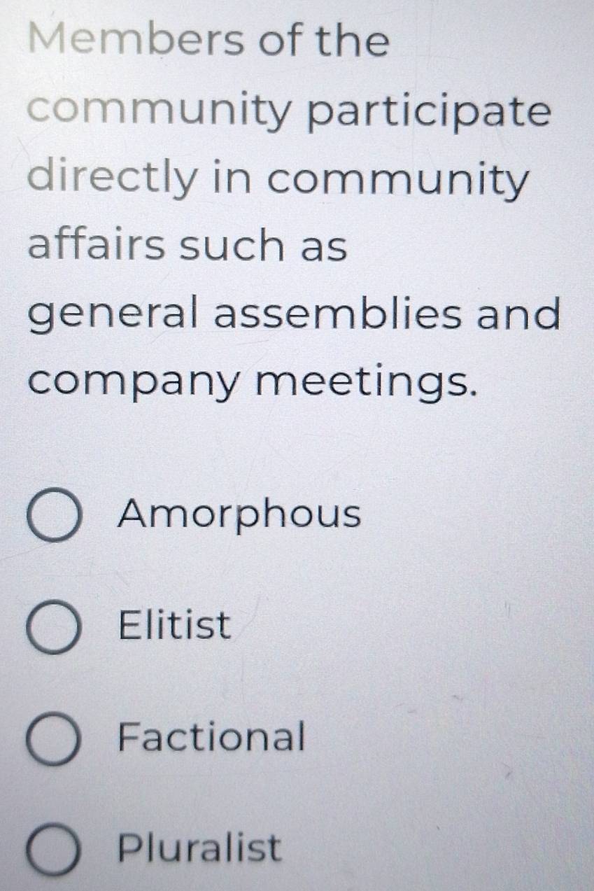 Members of the
community participate
directly in community
affairs such as
general assemblies and
company meetings.
Amorphous
Elitist
Factional
Pluralist