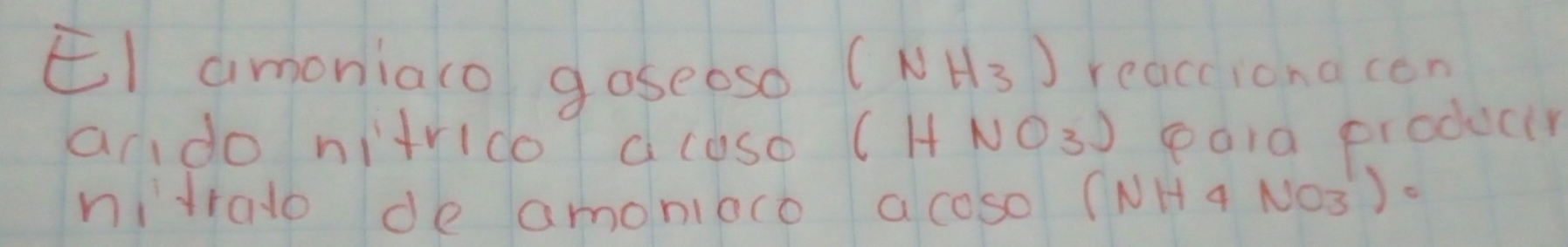 El amoniaco goseoso (NH_3) reacciona con 
ando nitrido a loso (HNO_3) poia producir 
nitralo de amoniao a coso (NH4 100- 3).