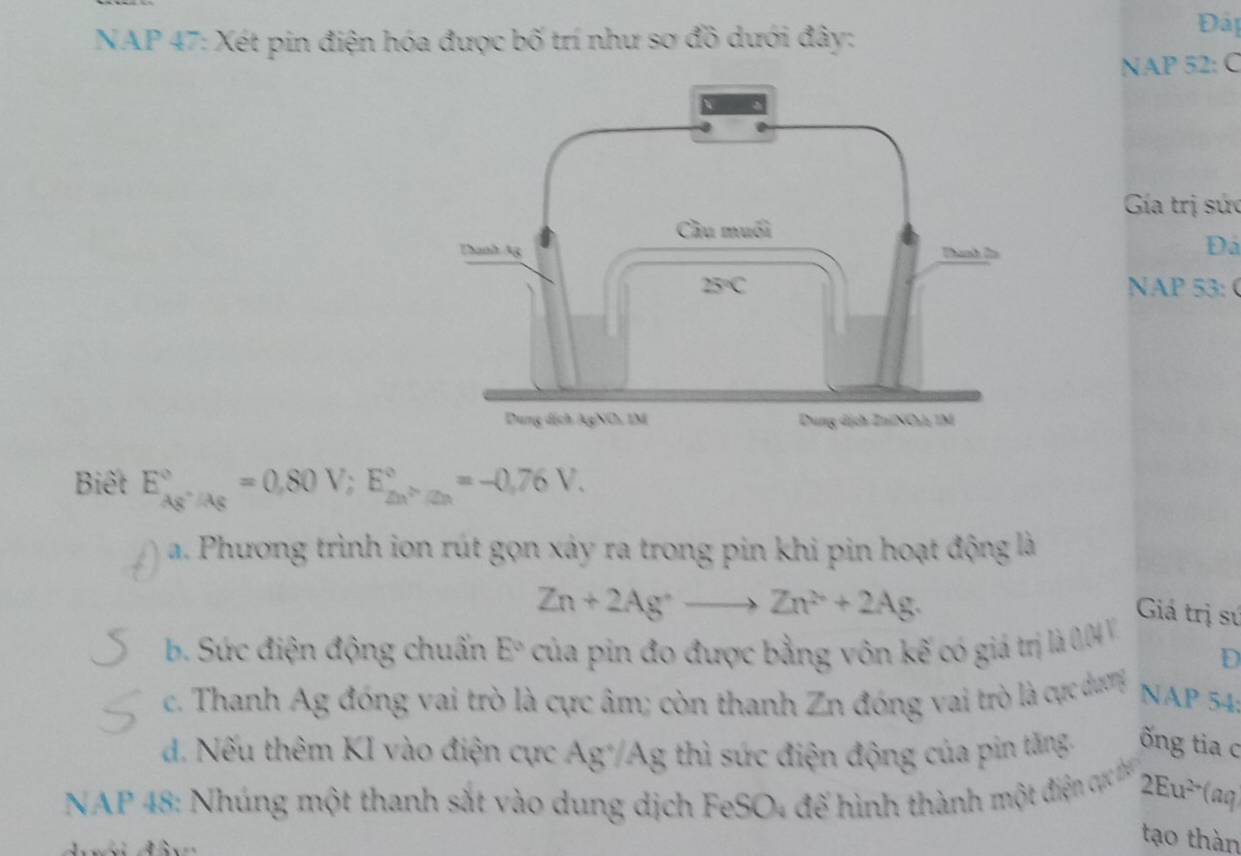 NAP 47: Xét pin điện hóa được bố trí như sơ đồ dưới đây:
Đáp
NAP 52: C
Gía trị sức
Đã
NAP 53:(
Biết E_Ag^+/Ag^circ =0,80V;E_2;z_n^circ =-0,76V.
a. Phương trình ion rút gọn xảy ra trong pin khi pin hoạt động là
Zn+2Ag^+to Zn^(2+)+2Ag.
b. Sức điện động chuẩn E° của pin đo được bằng vôn kế có giá trị là 0,.04 V
Giá trị sứ
D
c. Thanh Ag đóng vai trò là cực âm; còn thanh Zn đóng vai trò là cực dương NAP 54:
d. Nếu thêm KI vào điện cực Ag'/Ag thì sức điện động của pin tăng ống tia c
NAP 48: Nhúng một thanh sắt vào dung dịch FeSO, đế hình thành một điện cợự h 2 cu^(2+)(a
tạo thàn