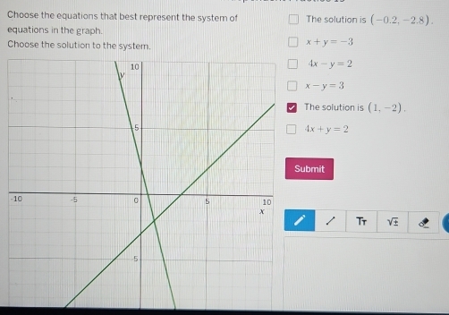 Choose the equations that best represent the system of The solution is (-0.2,-2.8). 
equations in the graph.
Choose the solution to the system.
x+y=-3
4x-y=2
x-y=3
The solution is (1,-2),
4x+y=2
bmit
-
Tr sqrt(± )