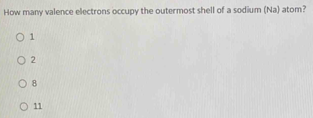 How many valence electrons occupy the outermost shell of a sodium (Na) atom?
1
2
8
11