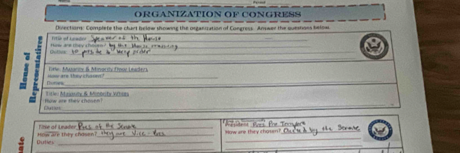 Peri 
ORGANIZATION OF CONGRESS 
Directions: Complete the chart below showing the organization of Congress. Answer the questions below. 
_ 
Title of Leader_ President_ 
_ 
How are they chosen_ How are they chosen?_ 
_ 
Duties_ 
_