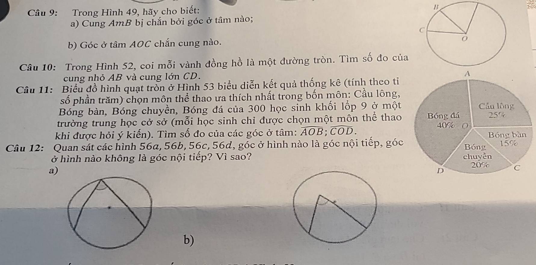 Trong Hình 49, hãy cho biết: 
a) Cung AmB bị chắn bởi góc ở tâm nào; 
b) Góc ở tâm AOC chắn cung nào. 
Câu 10: Trong Hình 52, coi mỗi vành đồng hồ là một đường tròn. Tìm số đo của 
cung nhỏ AB và cung lớn CD. 
Câu 11: Biểu đồ hình quạt tròn ở Hình 53 biểu diễn kết quả thống kê (tính theo tỉ 
số phần trăm) chọn môn thể thao ưa thích nhất trong bốn môn: Cầu lông, 
Bóng bàn, Bóng chuyền, Bóng đá của 300 học sinh khối lổp 9 ở một 
trường trung học cở sở (mỗi học sinh chỉ được chọn một môn thể thao 
khi được hỏi ý kiến). Tìm số đo của các góc ở tâm: overline AOB; overline COD. 
Câu 12: Quan sát các hình 56a, 56b, 56c, 56d, góc ở hình nào là góc nội tiếp, góc 
ở hình nào không là góc nội tiếp? Vì sao? 
a) 
b)