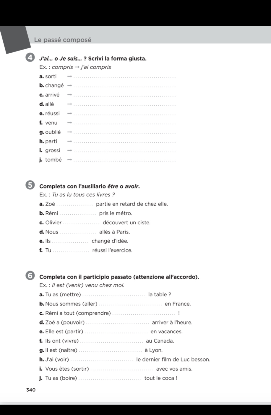 Le passé composé 
4 J’ai... o Je suis... ? Scrivi la forma giusta. 
Ex. : compris → j’ai compris 
a. sorti_ 
b. changé_ 
c. arrivé_ 
d. allé 
_ 
e. réussi_ 
f. venu_ 
g. oublié_ 
h. parti_ 
i. grossi_ 
j. tombé_ 
5 Completa con l'ausiliario être o avoir. 
Ex. : Tu as lu tous ces livres ? 
a. Zoé _partie en retard de chez elle. 
b. Rémi _pris le métro. 
c. Olivier_ découvert un ciste. 
d. Nous _allés à Paris. 
e. Is_ changé d'idée. 
f. Tu _réussi l'exercice. 
⑤ Completa con il participio passato (attenzione all’accordo). 
Ex. : Il est (venir) venu chez moi. 
a. Tu as (mettre) _la table ? 
b. Nous sommes (aller) _en France. 
c. Rémi a tout (comprendre) _! 
d. Zoé a (pouvoir) _arriver à l'heure. 
e. Elle est (partir) _en vacances. 
f. Ils ont (vivre) _au Canada. 
g. Il est (naître) _à Lyon. 
h. J'ai (voir)_ le dernier film de Luc besson. 
i. Vous êtes (sortir) _avec vos amis. 
j. Tu as (boire) _tout le coca ! 
340