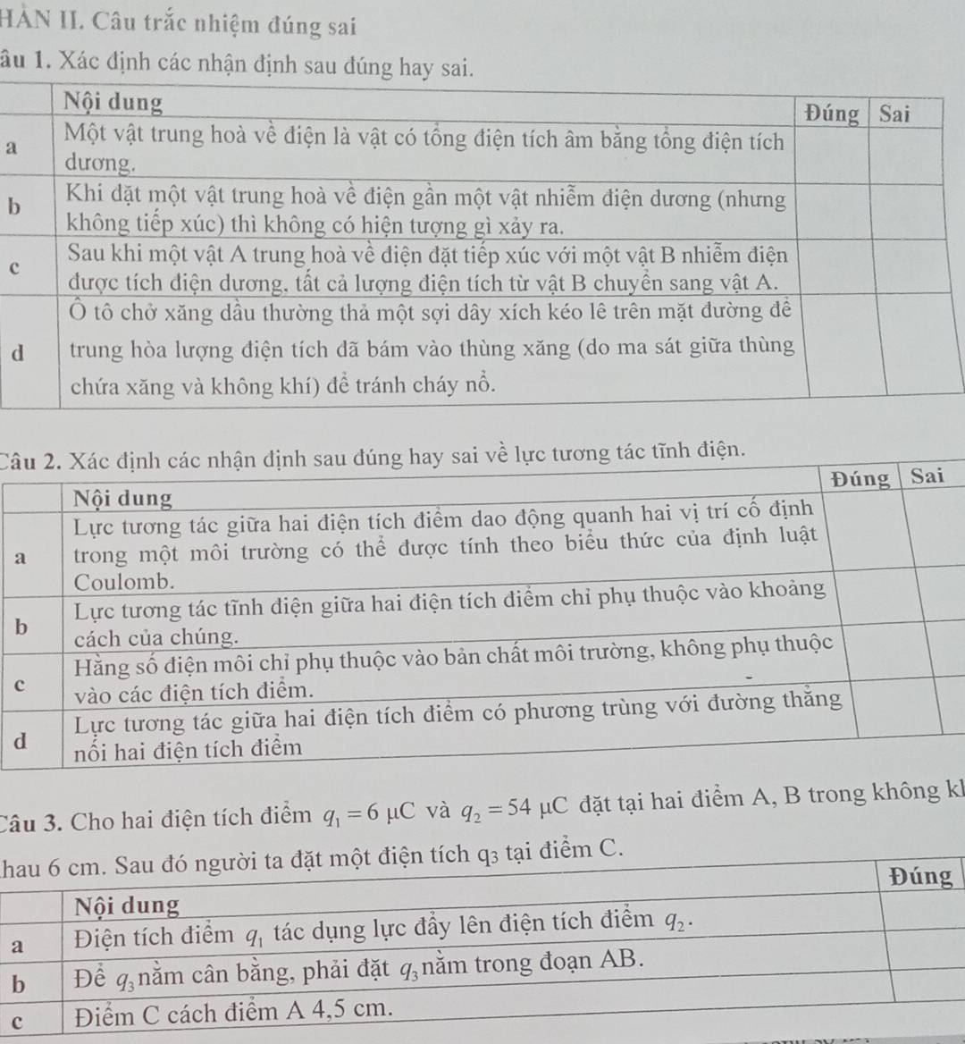 HÀN II. Câu trắc nhiệm đúng sai
âu 1. Xác định các nhận định sau đúng 
a
b
c
d
Câương tác tĩnh điện.
c
Câu 3. Cho hai điện tích điểm q_1=6mu C và q_2=54mu C đặt tại hai điểm A, B trong không kh
K C.