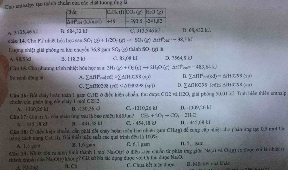 Cho enthalpy tạo thành chuẩn của các chất tương ứng là
A. 3135,46 kJ B. 684,32 kJ C. 313,546 kJ D. 68,432 kJ.
Câu 14. Cho PT nhiệt hóa học sau: SO_2(g)+1/2O_2(g)to SO_3(g)△ rH^0_298=-98,5kJ
Lượng nhiệt giải phóng ra khi chuyển 76,8 gam SO_2(g) thành SO_3(g) là
A. 98,5 kJ B. 118,2 kJ C. 82,08 kJ D. 7564,8 kJ
Câu 15. Cho phương trình nhiệt hóa học sau: 2H_2(g)+O_2(g)to 2H_2O (g a △ rH^0_298=-483,64kJ
B.
So sánh đúng là: A. sumlimits △ fH^0_298(cd)>sumlimits △ fH0298(sp) sumlimits △ fH^0_298(cd)=△ fH0298(sp)
C. sumlimits △ fH0298(cd) D. sumlimits △ fH0298(cd)≤ △ fH0298(sp)
Cầu 16: Đốt cháy hoàn toàn 1 gam C_2H2 ở điều kiện chuẩn, thu được CO2 và H2O, giải phóng 50,01 kJ. Tính biến thiên enthalp
chuẩn của phản ứng đốt cháy 1 mol C2H2.
A. -1300,26 kJ B. -130,26 kJ C. -1310,26 kJ D. -1309,26 kJ
Câu 17: Giá trị Δ, của phản ứng sau là bao nhiêu kilôJun? CH_4+2O_2to CO_2+2H_2O
A. - 445,18 kJ B. - 441,58 kJ C. - 454,18 kJ D. - 445,08 kJ
Câu 18: Ở điều kiện chuẩn, cần phải đốt cháy hoàn toàn bao nhiêu gam CH_4(g) để cung cấp nhiệt cho phản ứng tạo 0,5 mol Ca
bằng cách nung CaCO_3. Giả thiết hiệu suất các quá trình đều là 100%.
A. 1,5 gam B. 1,6 gam C. 6,1 gam D. 5,1 gam
Câu 19: Nhiệt tỏa ra hình hình thành 1 mol Na_2O(s) ở điều kiện chuẩn từ phản ứng giữa Na(s) và O_3(g) có được coi là nhiệt tạ
thành chuẩn của Na_2O(s) không? Giả sử Na tác dụng được với O_3 thu được Na_2O.
A. Không B. Có C. Chưa kết luận được. D. Một kết quả khác
2HCl(a)(*)