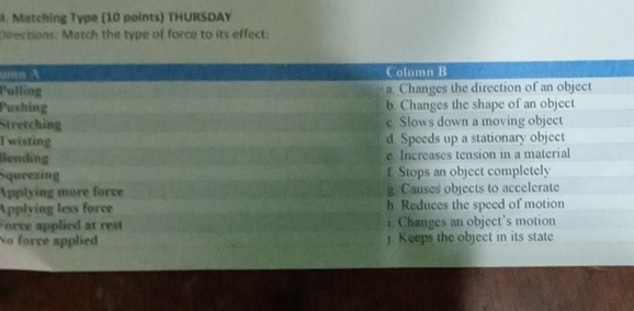 Matching Type (10 points) THURSDAY 
Directions: Match the type of force to its effect; 
a 
Pu 
Pu 
St 
Tw 
Be 
Sq 
Ap 
A 
Fo 
No