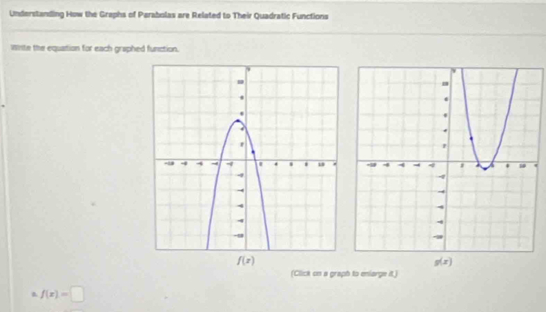 Understanding How the Graphs of Parabolas are Related to Their Quadratic Functions
Winte the equation for each graphed function.
(
g(x)
(Click on a graph to enlarge it.)
& f(x)=□