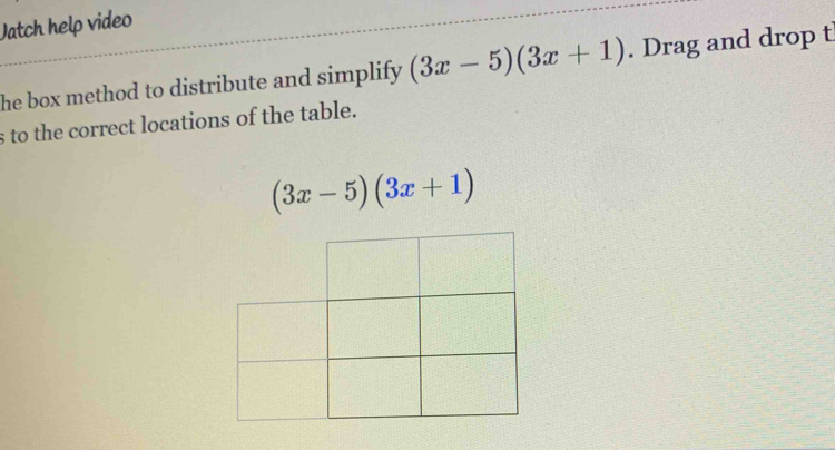 Jatch help video 
he box method to distribute and simplify . (3x-5)(3x+1). Drag and drop t 
s to the correct locations of the table.
(3x-5)(3x+1)