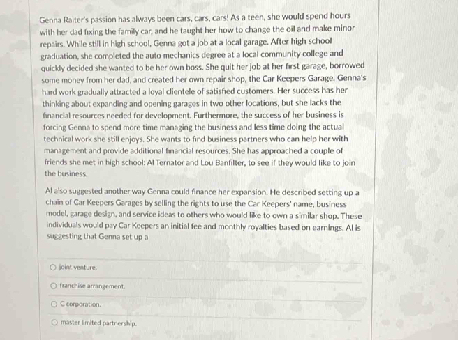 Solved: Genna Raiter's passion has always been cars, cars, cars! As a ...
