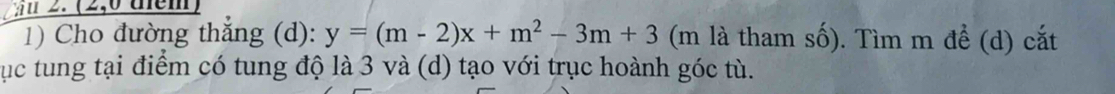 Au 2. (2,6 têm 
1) Cho đường thắng (d): y=(m-2)x+m^2-3m+3 (m là tham số). Tìm m để (d) cắt 
qục tung tại điểm có tung độ là 3 và (d) tạo với trục hoành góc tù.