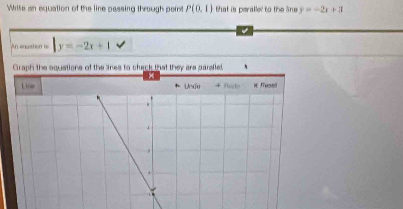 Write an equation of the line passing through point P(0,1) that is paralle! to the line y=-2x+3
An equation is |y=-2x+1
Graph the squations of the lines to check that they are parallel. 
× 
+ x Resai