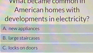 What became common in
American homes with
developments in electricity?
A. new appliances
B. large staircases
C. locks on doors