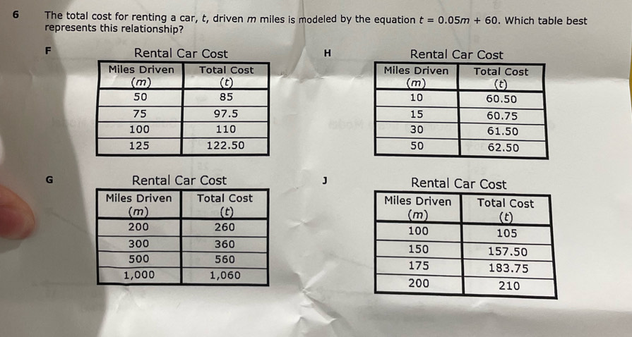 The total cost for renting a car, t, driven m miles is modeled by the equation t=0.05m+60. Which table best
represents this relationship?
F
H

GJ