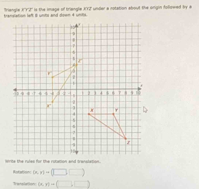 Triangle X'Y'Z' is the image of triangle XYZ under a rotation about the origin followed by a
Rotation: (x,y)rightarrow (□ ,□ )
Translation: (x,y)to (□ ,□ )