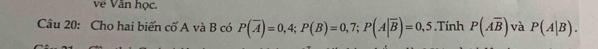 Về Văn học. 
Câu 20: Cho hai biến cố A và B có P(overline A)=0,4; P(B)=0,7; P(A|overline B)=0,5.Tính P(Aoverline B) và P(A|B).