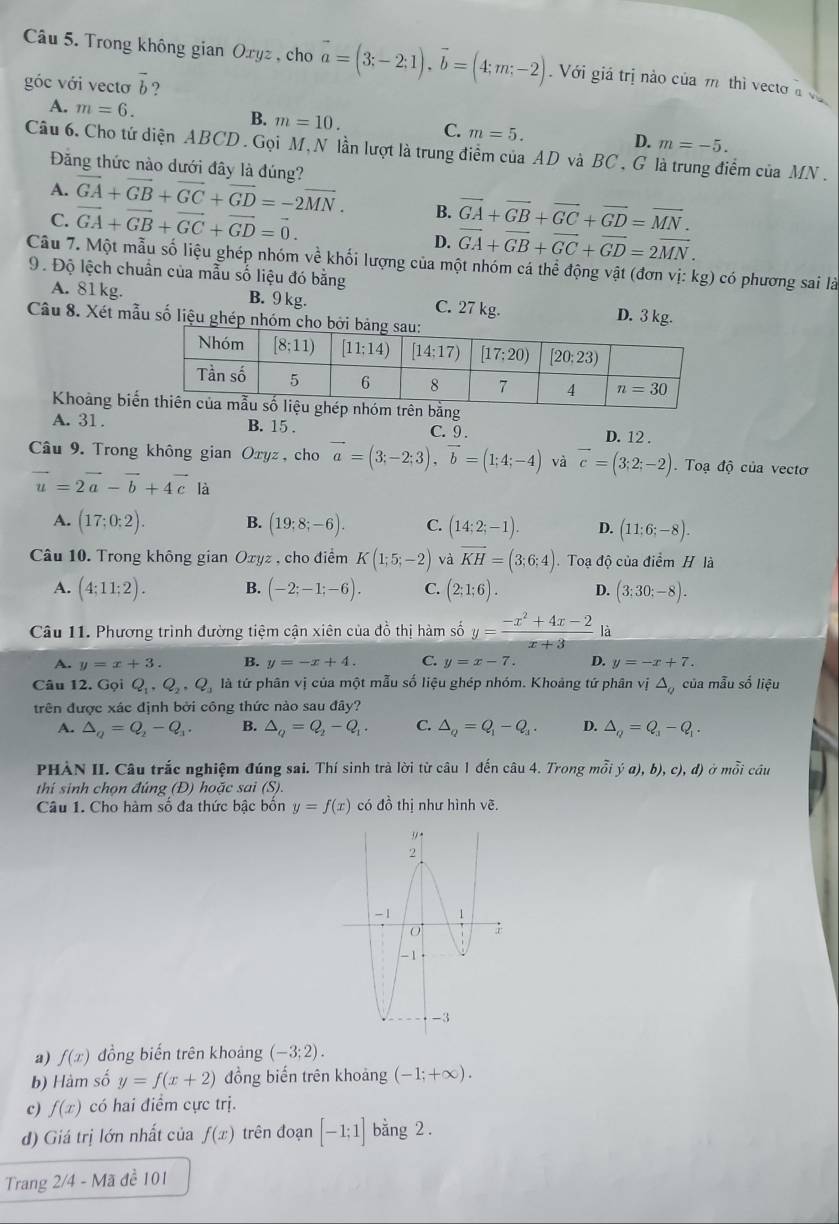 Trong không gian Oxyz , cho vector a=(3;-2;1),vector b=(4;m;-2).  Với giá trị nào của m thì vecto a   
góc với vectơ vector b ?
A. m=6.
B. m=10. C. m=5. D. m=-5.
Câu 6. Cho tứ diện ABCD. Gọi M, N lần lượt là trung điểm của AD và BC , G là trung điểm của MN .
Đăng thức nào dưới đây là đúng?
A. vector GA+vector GB+vector GC+vector GD=-2vector MN. B. vector GA+vector GB+vector GC+vector GD=vector MN.
C. vector GA+vector GB+vector GC+vector GD=vector 0.
D. vector GA+vector GB+vector GC+vector GD=2vector MN.
Câu 7. Một mẫu số liệu ghép nhóm về khối lượng của một nhóm cá thể động vật (đơn vị: kg) có phương sai là
9. Độ lệch chuẩn của mẫu số liệu đó bằng
A. 81 kg. B. 9 kg. C. 27 kg. D. 3 kg.
Câu 8. Xét mẫu số liệu ghép nhóm
Khoảng biế
A. 31. B. 15 . C. 9 . D. 12 .
Câu 9. Trong không gian Oxyz, cho vector a=(3;-2;3),vector b=(1;4;-4) và vector c=(3;2;-2). Toạ độ của vectơ
vector u=2vector a-vector b+4vector c là
A. (17;0:2). B. (19;8;-6). C. (14;2;-1). D. (11;6;-8).
Câu 10. Trong không gian Oxyz , cho điểm K(1;5;-2) và vector KH=(3;6;4) Toạ độ của điểm H là
A. (4;11;2). B. (-2;-1;-6). C. (2;1;6). D. (3;30;-8).
Câu 11. Phương trình đường tiệm cận xiên của đồ thị hàm số y= (-x^2+4x-2)/x+3  là
A. y=x+3. B. y=-x+4. C. y=x-7. D. y=-x+7.
Câu 12. G_0. Q_1,Q_2,Q_3 là tứ phân vị của một mẫu số liệu ghép nhóm. Khoảng tử phân vị △ _Q của mẫu số liệu
trên được xác định bởi công thức nào sau đây?
A. △ _Q=Q_2-Q_3. B. △ _Q=Q_2-Q_1. C. △ _Q=Q_1-Q_3. D. △ _Q=Q_3-Q_1.
PHÀN II. Câu trắc nghiệm đúng sai. Thí sinh trà lời từ câu 1 đến câu 4. Trong mỗi ja),b),c),d) mwidehat OI cầu
thi sinh chọn đúng (Đ) hoặc sai (S).
Câu 1. Cho hàm số đa thức bậc bôn y=f(x) có đồ thị như hình vẽ.
a) f(x) đồng biến trên khoảng (-3;2).
b) Hàm số y=f(x+2) đồng biến trên khoảng (-1;+∈fty ).
c) f(x) có hai điểm cực trị.
d) Giá trị lớn nhất của f(x) trên đoạn [-1;1] bằng 2 .
Trang 2/4 - Mã đề 101