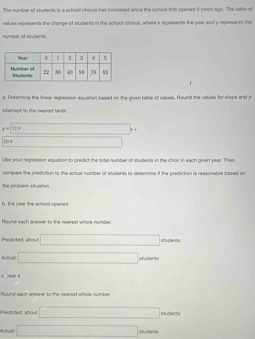 The number of students in a school chorus has increased since the school first opened 6 years ago. The table of 
values represents the change of students in the school chorus, where x represents the year and y represents the 
number of students. 
a. Determine the linear regression equation based on the given table of values. Round the values for slope and y - 
intercept to the nearest tenth.
y=12.9 □ x +
20.9.. _  
Use your regression equation to predict the total number of students in the choir in each given year. Then 
compare the prediction to the actual number of students to determine if the prediction is reasonable based on 
the problem situation. 
b. the year the school opened 
Round each answer to the nearest whole number. 
Predicted: about □ students 
Actual: □ students 
c. Year 4
Round each answer to the nearest whole number. 
Predicted: about □ students 
Actual: □ students
