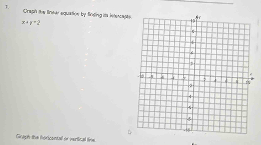 Graph the linear equation by finding its intercepts
x+y=2
4 
Graph the horizontal or vertical line.