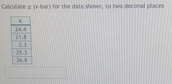 Calculate x (x -bar) for the data shown, to two decimal places