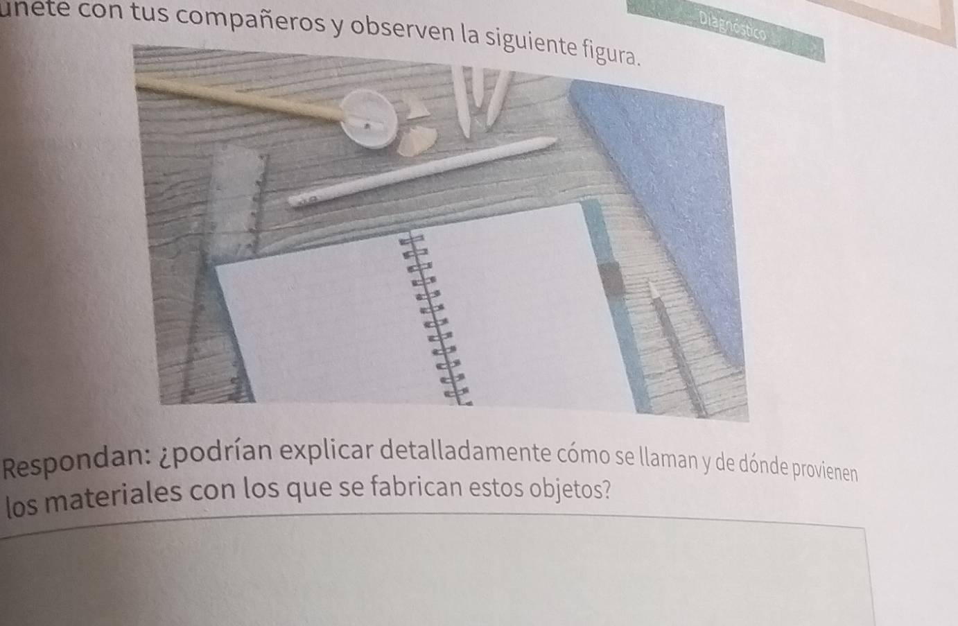 Diagnóstico 
unete con tus compañeros y observen la 
Respondan: ¿podrían explicar detalladamente cómo se llaman y de dónde provienen 
los materiales con los que se fabrican estos objetos?