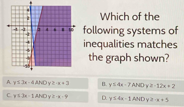 Which of the
following systems of
inequalities matches
the graph shown?
A. y≤ 3x-4ANDy≥ -x+3 B. y≤ 4x-7 AND y≥ -12x+2
C. y≤ 3x-1A N ) y≥ -x-9 D. y≤ 4x-1 AND y≥ -x+5