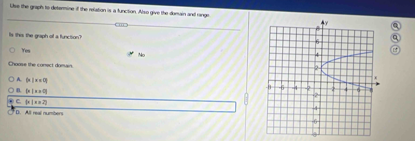 Use the graph to determine if the relation is a function. Also give the domain and range.
Is this the graph of a function?
Yes
No
Choose the correct domain.
A.  x|x≤ 0
B.  x|x≥ 0
C.  x|x≥ 2
D. All real numbers
8