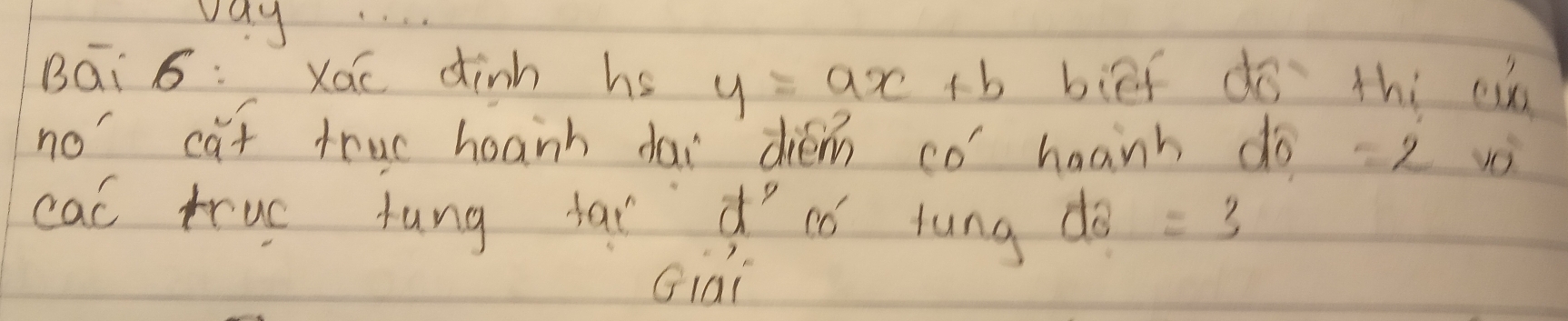 vay 
BGi 6: Xác dinh hs y=ax+b bief do thi c 
no' cat truc hoanh dai diém có haanh do =2
cac truo tung far dìnó tung do =3
Giai