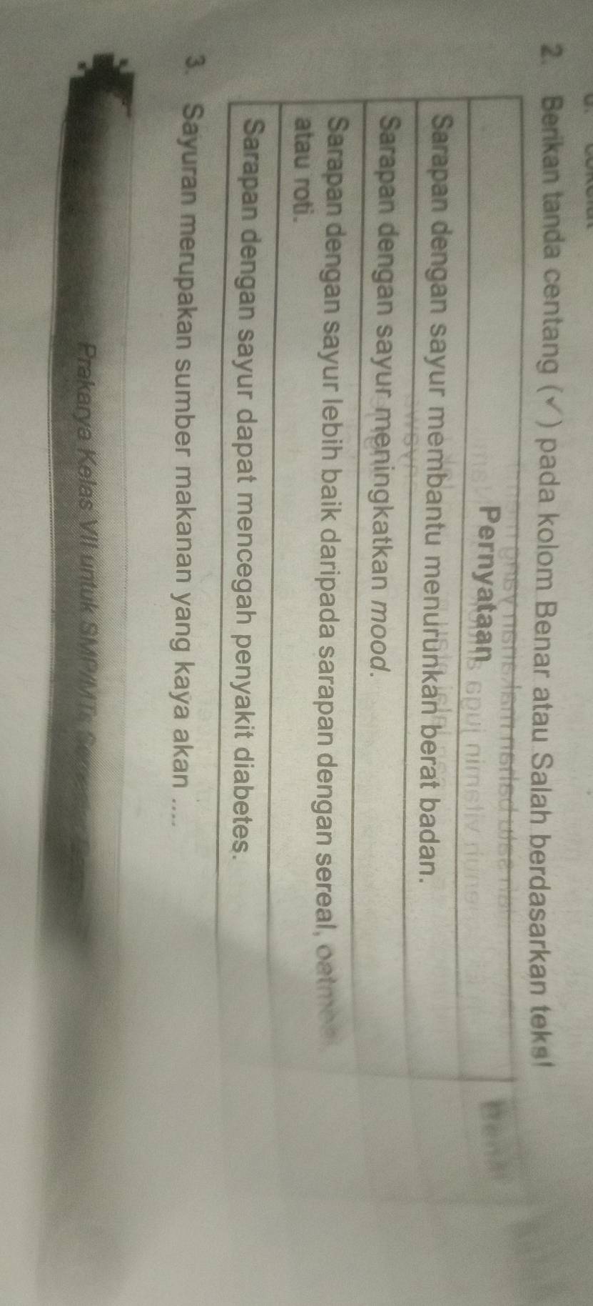 Berikan tanda centang (√) pada kolom Benar atau Salah berdasarkan teks! 
3. Sayuran merupakan sumber makanan yang kaya akan .... 
Prakarya Kelas VII untuk SMP/MTs Ser