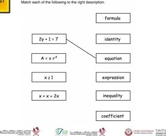 Match each of the following to the right description.
formulla
2y+1=7 identity
A=π r^2 equation
x≥ 1 expression
x+x=2x inequality
coefficient
a o