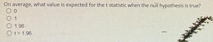 On average, what value is expected for the t statistic when the null hypothesis is true?
0
1
1.96
t>1.96